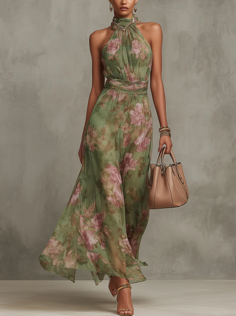 Serena | Damen Langes Chiffonkleid Blumenmuster Neckholder – Florales Chiffon Maxi