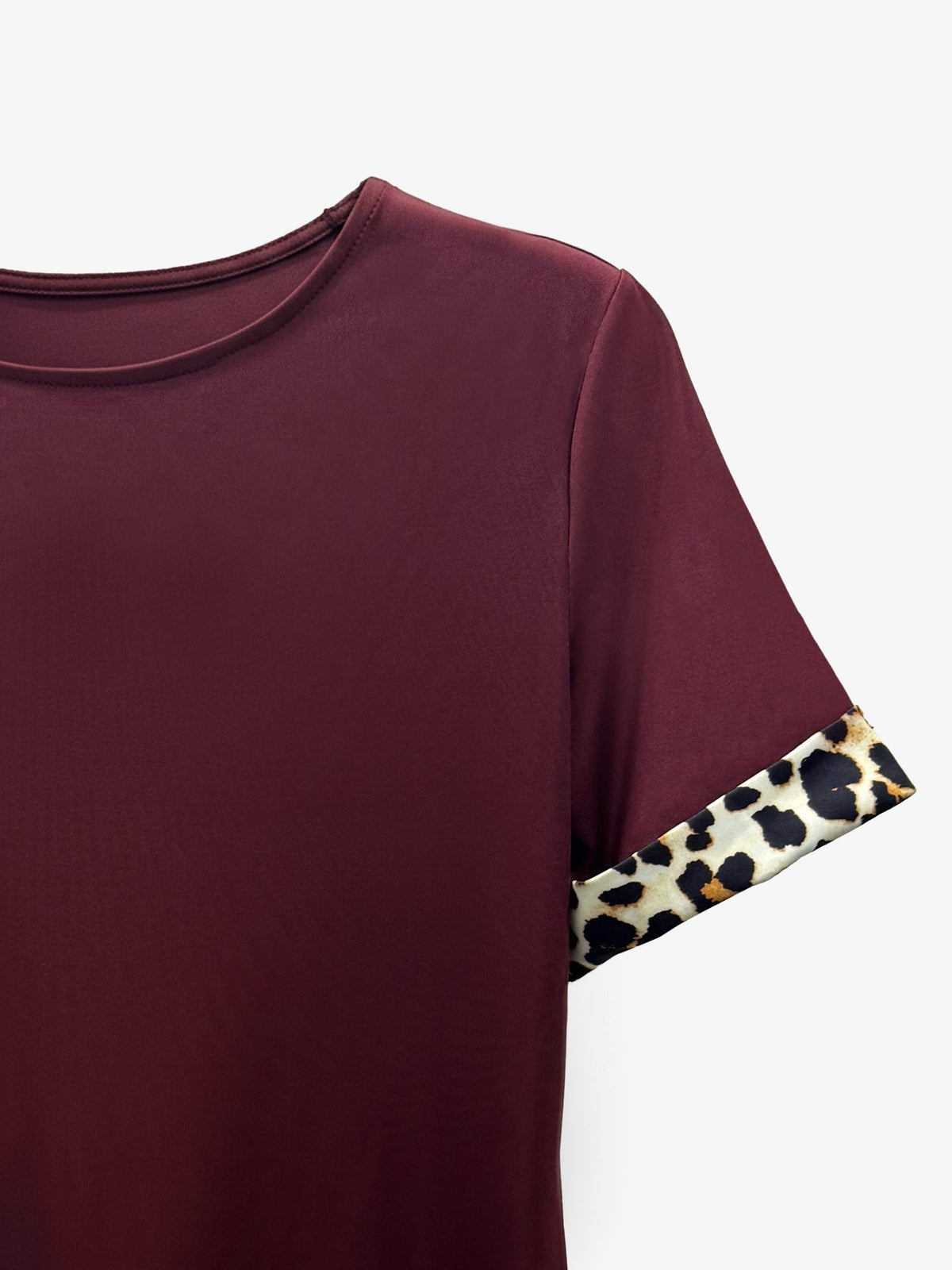 Leopardenmuster Patchwork Bootsausschnitt Kurzarm T Shirt Kleid