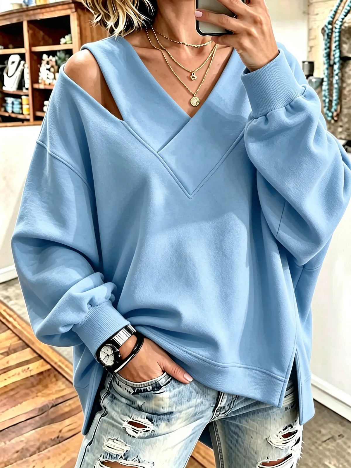 Kirstan – Schickes Oversize Sweatshirt Mit V-Ausschnitt Und Cut-out
