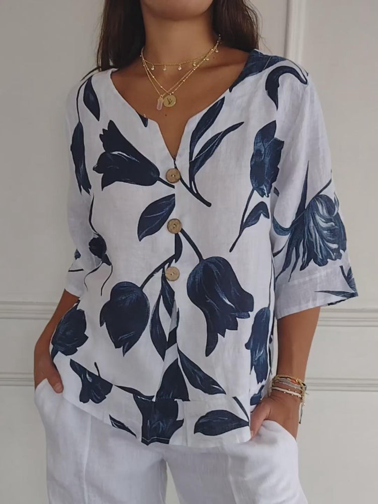 Elara - Botanische V-Ausschnitt Bluse