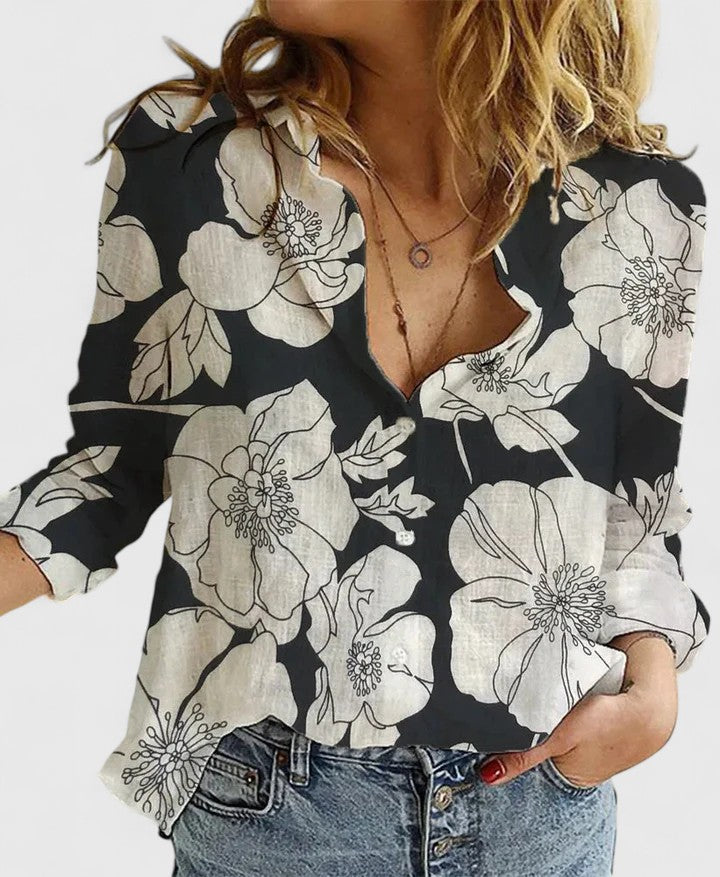 Adelaida | Damen V-Ausschnitt Knopfleiste Langarm Bluse