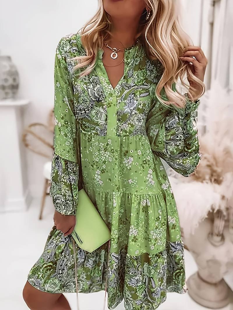 Adelheid | Damen Blumenmuster V-Ausschnitt Langarm Midi Kleid
