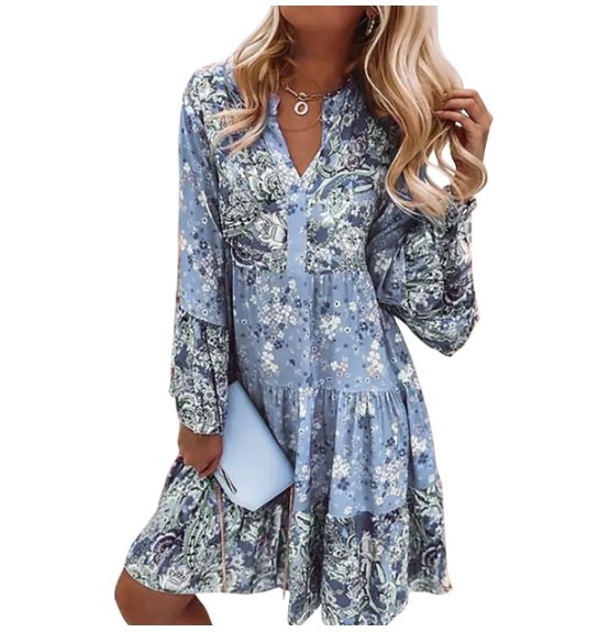 Adelheid | Damen Blumenmuster V-Ausschnitt Langarm Midi Kleid