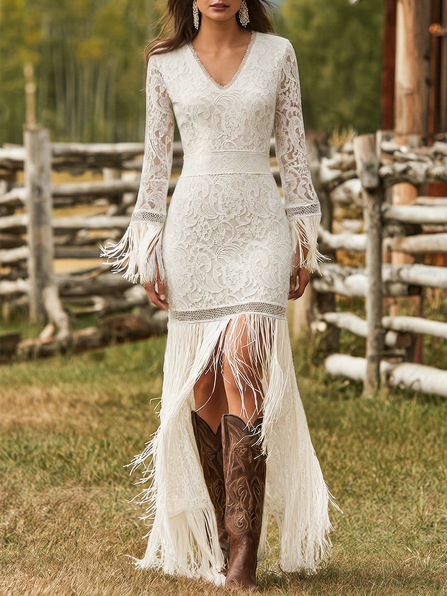 Adelina | Damen V-Ausschnitt Langarm Maxikleid mit Fransen