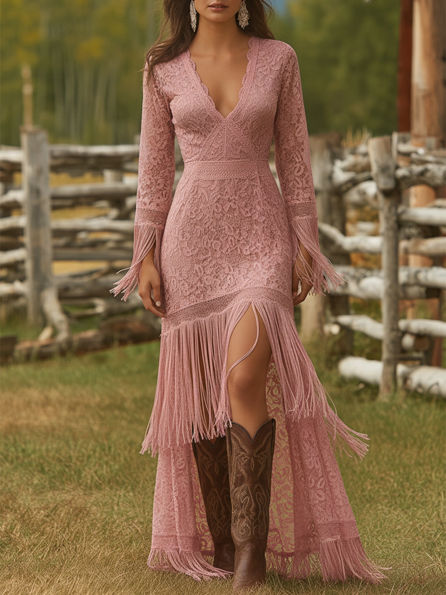Adelina | Damen V-Ausschnitt Langarm Maxikleid mit Fransen