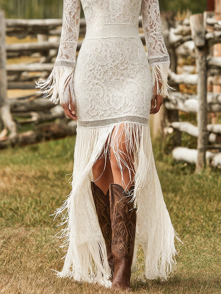 Adelina | Damen V-Ausschnitt Langarm Maxikleid mit Fransen