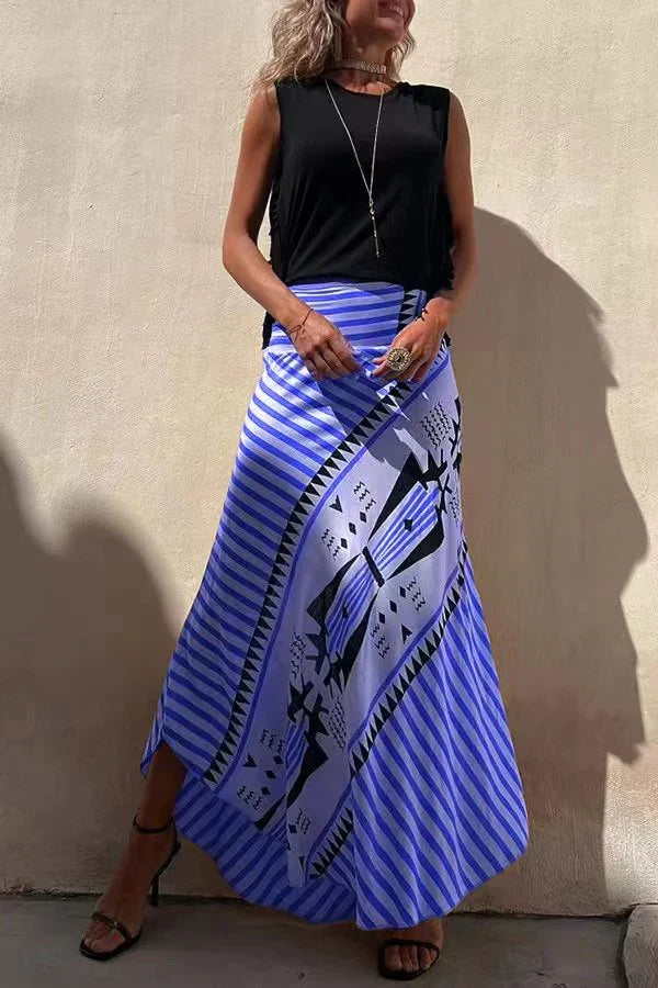 Aglaiya Damen Maxirock mit geometrischem Print und Bund