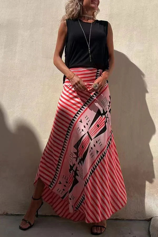 Aglaiya Damen Maxirock mit geometrischem Print und Bund