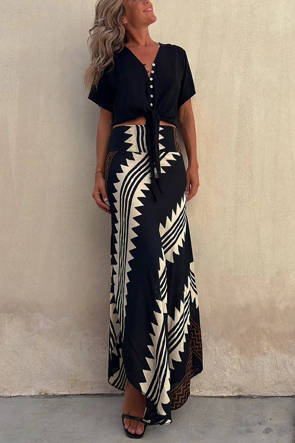 Aglaiya Damen Maxirock mit geometrischem Print und Bund