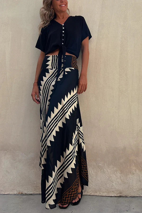 Aglaiya Damen Maxirock mit geometrischem Print und Bund
