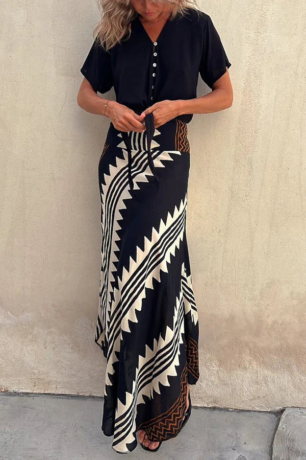 Aglaiya Damen Maxirock mit geometrischem Print und Bund