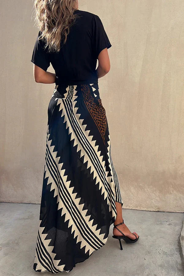 Aglaiya Damen Maxirock mit geometrischem Print und Bund