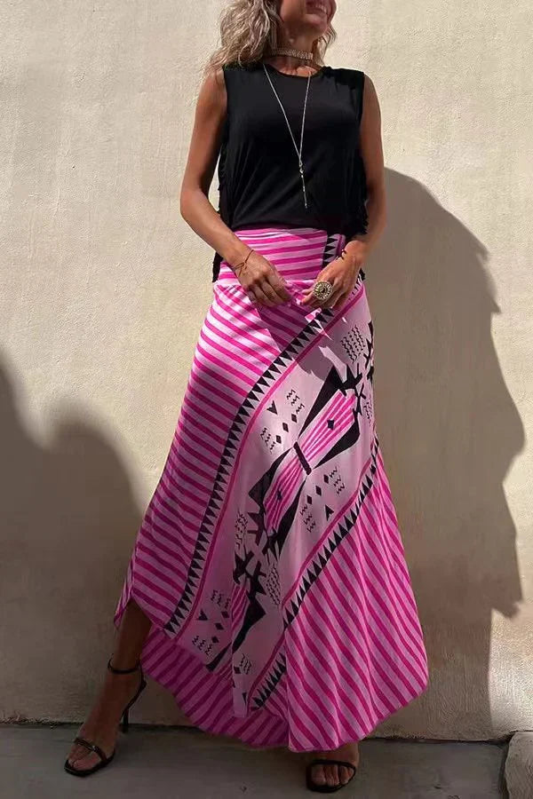 Aglaiya Damen Maxirock mit geometrischem Print und Bund