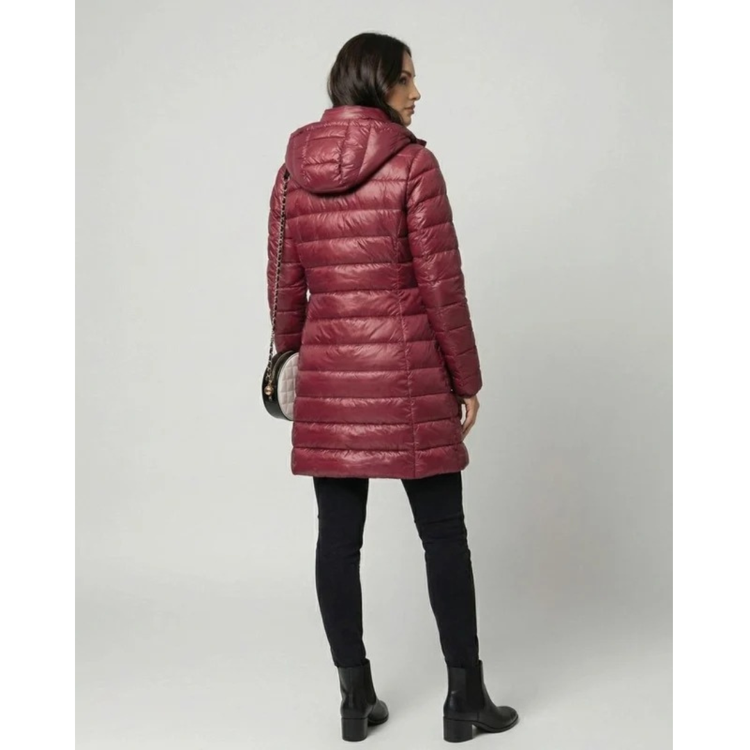 Aileen | Damen Steppjacke mit Kapuze, Reißverschluss und langer Silhouette