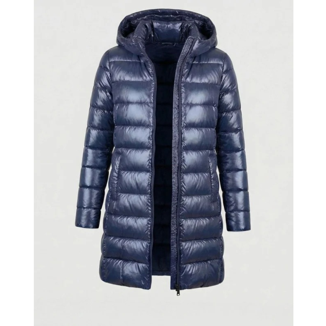 Aileen | Damen Steppjacke mit Kapuze, Reißverschluss und langer Silhouette
