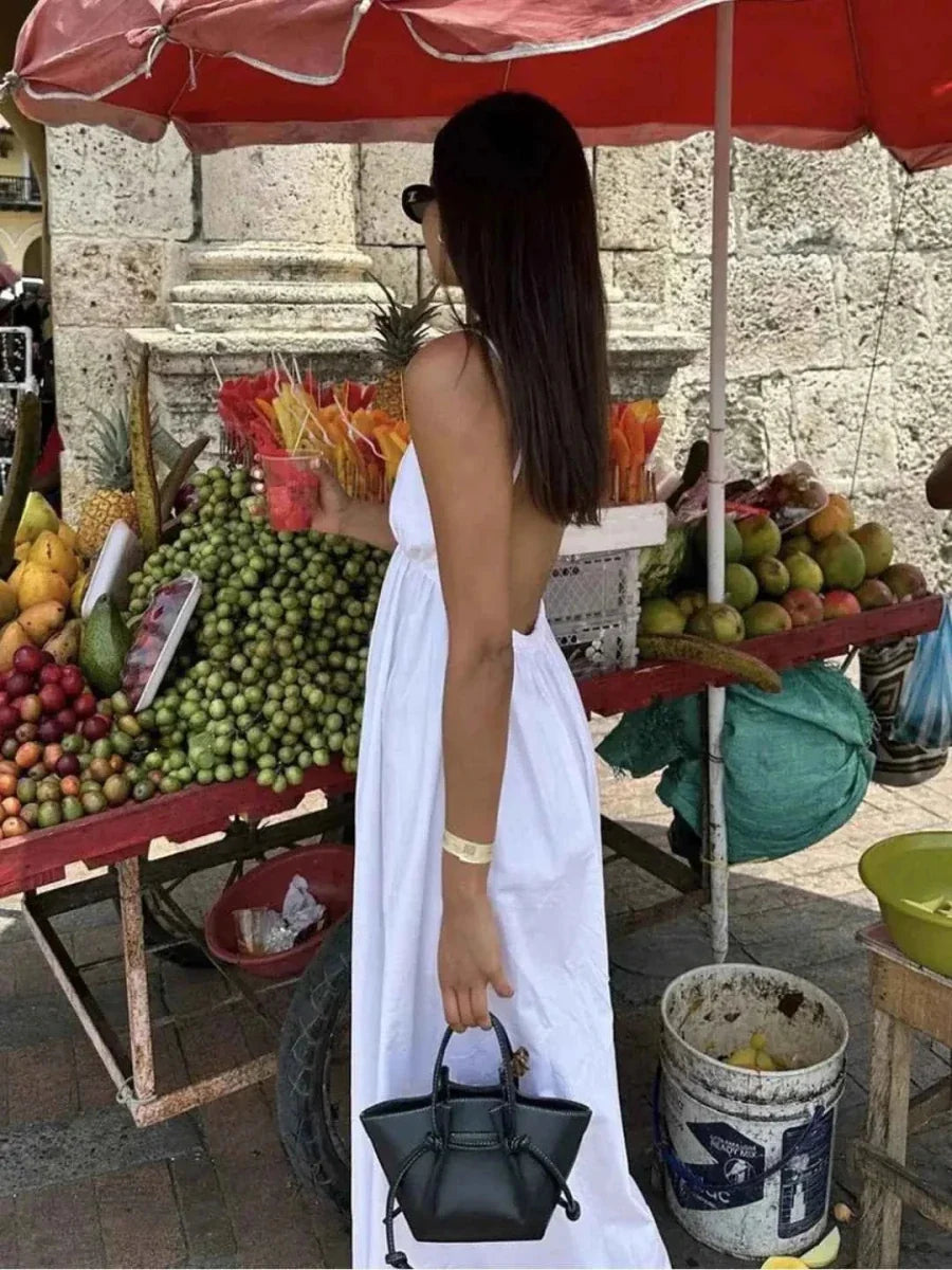 Alba – rückenfreies maxikleid mit spaghetti-trägern, v-ausschnitt und weitem rock