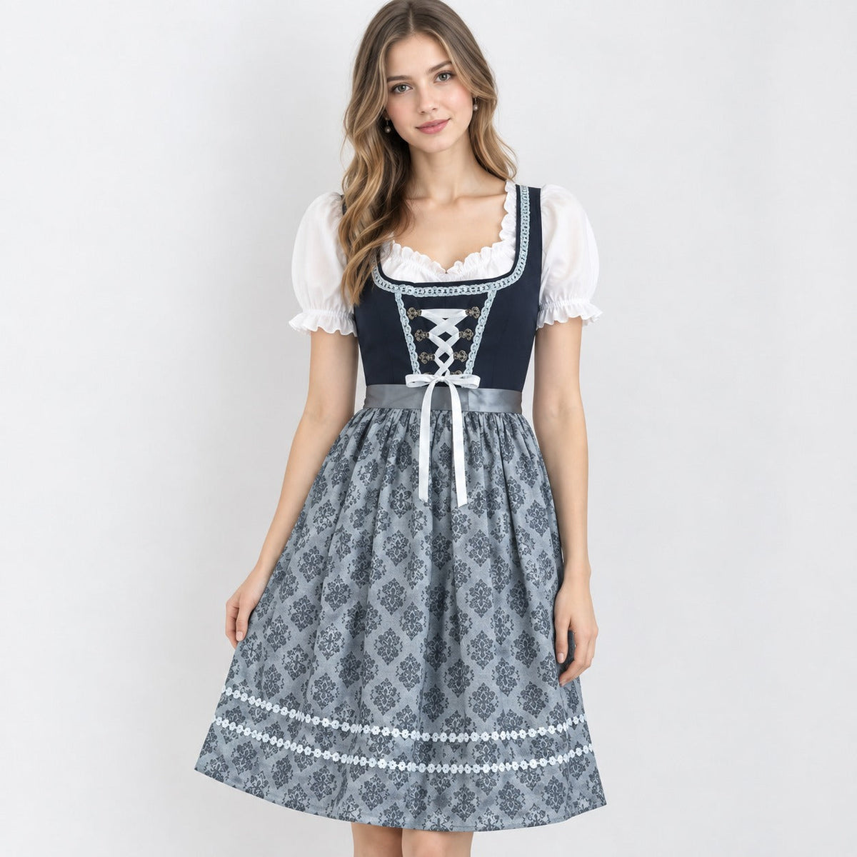 Alberta | Damen Anthrazit Oktoberfest Dirndl mit Spitzen Top und Schleifen Detail