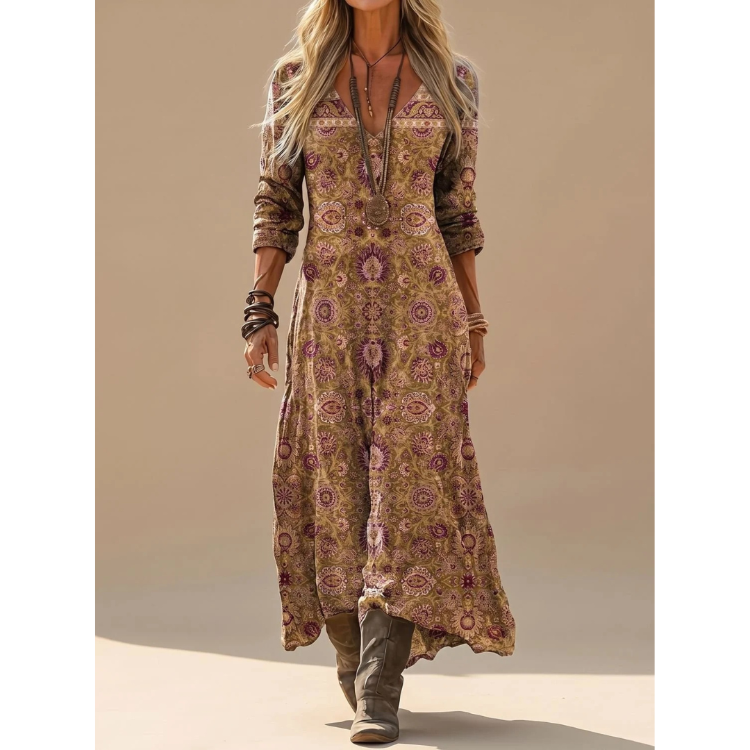 Alea | Damen Boho Maxikleid mit Langarm, V Ausschnitt und Vintage Muster