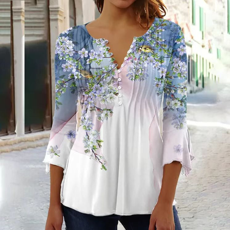 Almut | Damen Langarmbluse Blumenprint V-Ausschnitt