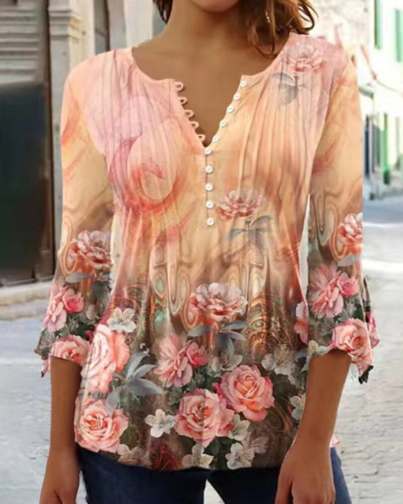 Almut | Damen Langarmbluse Blumenprint V-Ausschnitt