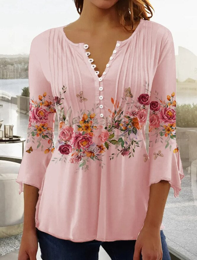 Almut | Damen Langarmbluse Blumenprint V-Ausschnitt