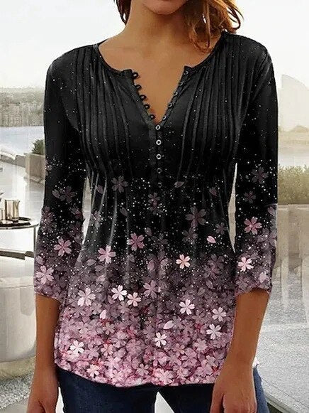 Almut | Damen Langarmbluse Blumenprint V-Ausschnitt