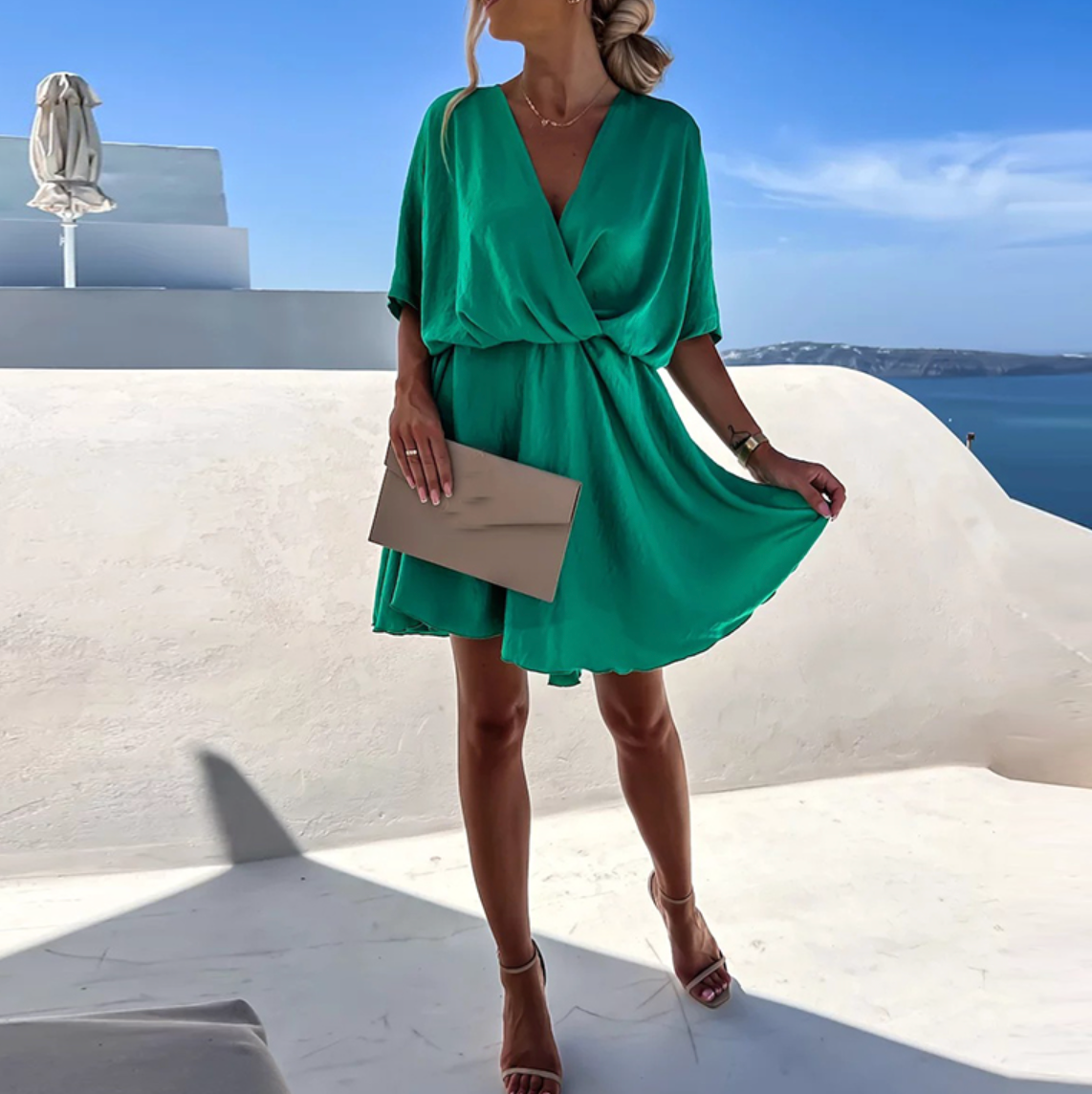 Ameline | Damen Wickelkleid Midi mit kurzen Ärmeln