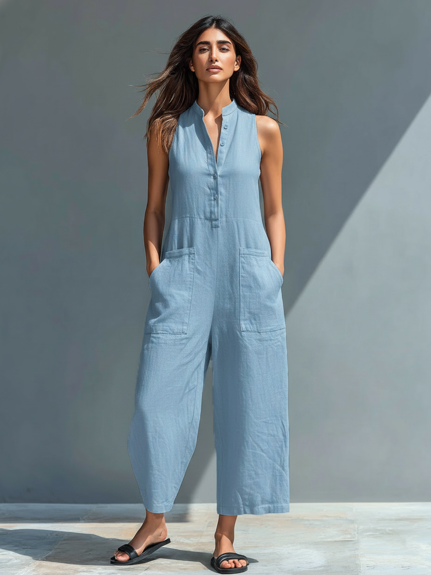 Anastasia | Damen Ärmellos Jumpsuit mit Knopfleiste