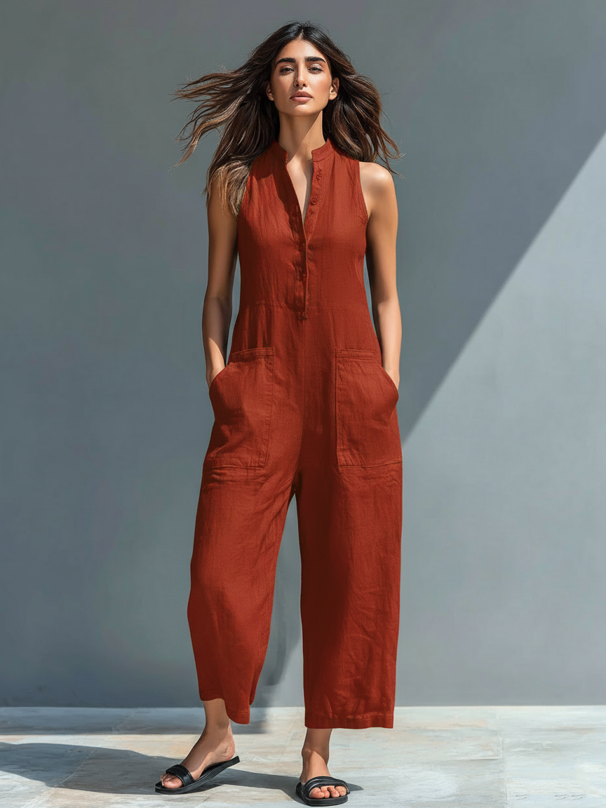 Anastasia | Damen Ärmellos Jumpsuit mit Knopfleiste