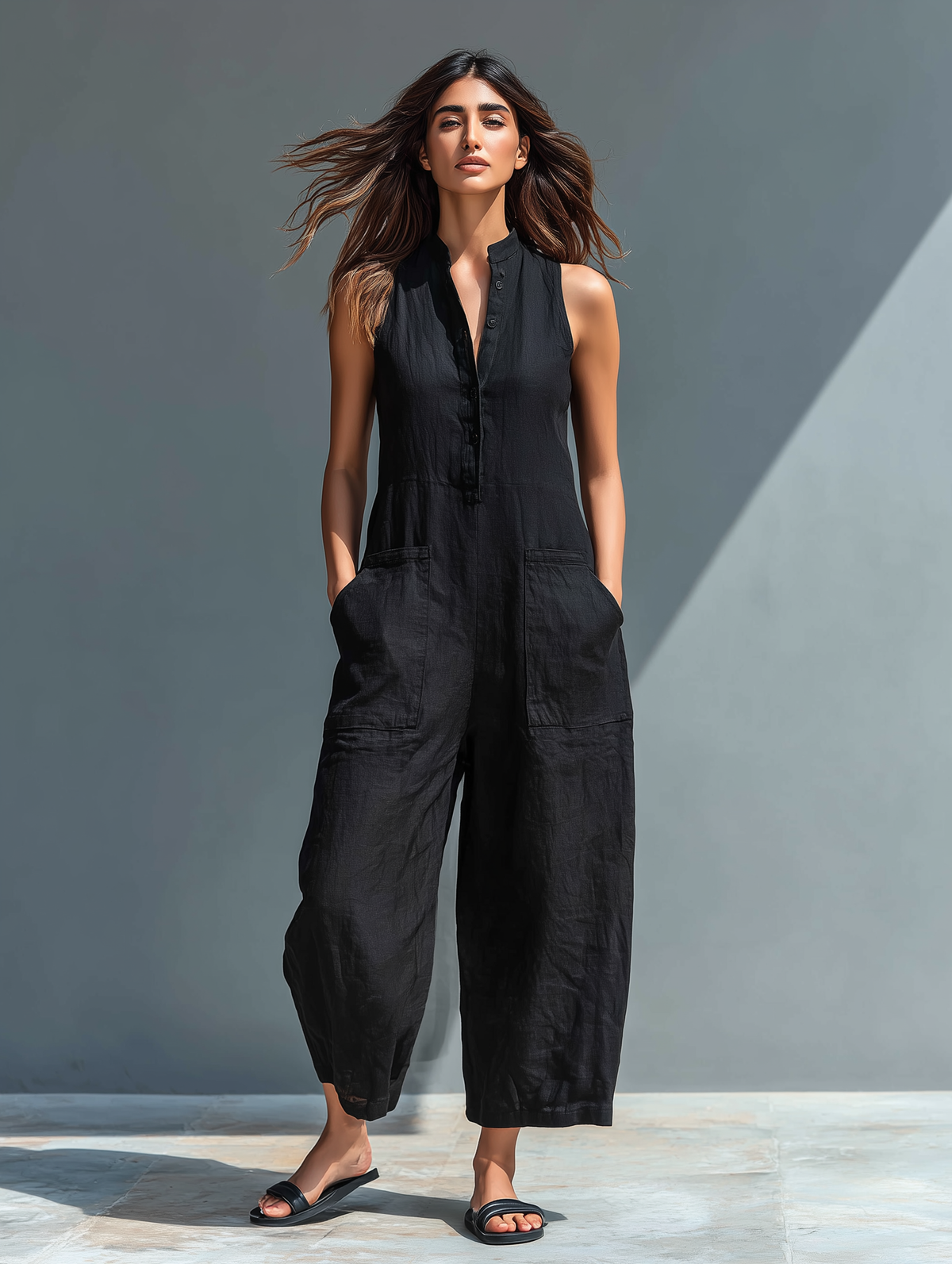 Anastasia | Damen Ärmellos Jumpsuit mit Knopfleiste