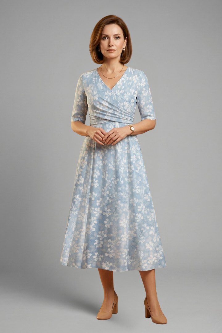 Anja | Damen Wickelkleid mit V-Ausschnitt Blumenmuster Midi