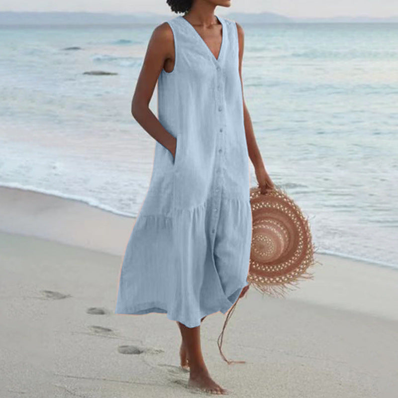 Annelie | Damen Ärmelloses Midikleid V-Ausschnitt Knopfleiste