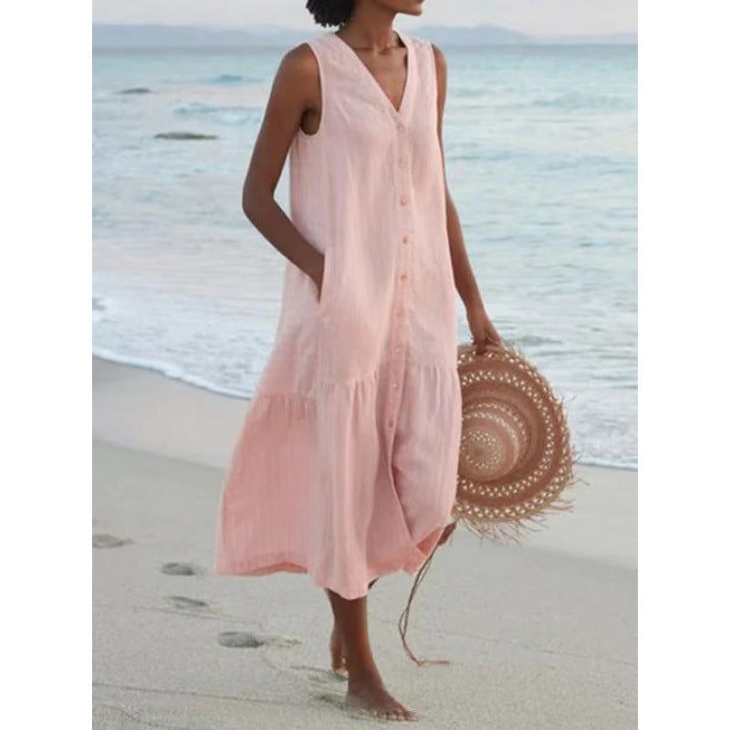 Annelie | Damen Ärmelloses Midikleid V-Ausschnitt Knopfleiste