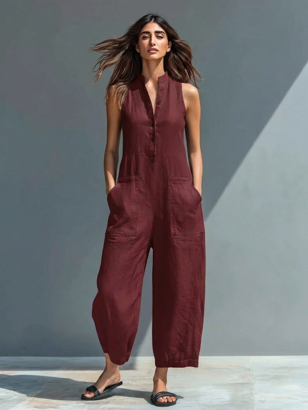 Anneliese | Damen Ärmelloser Jumpsuit mit Knopfverschluss