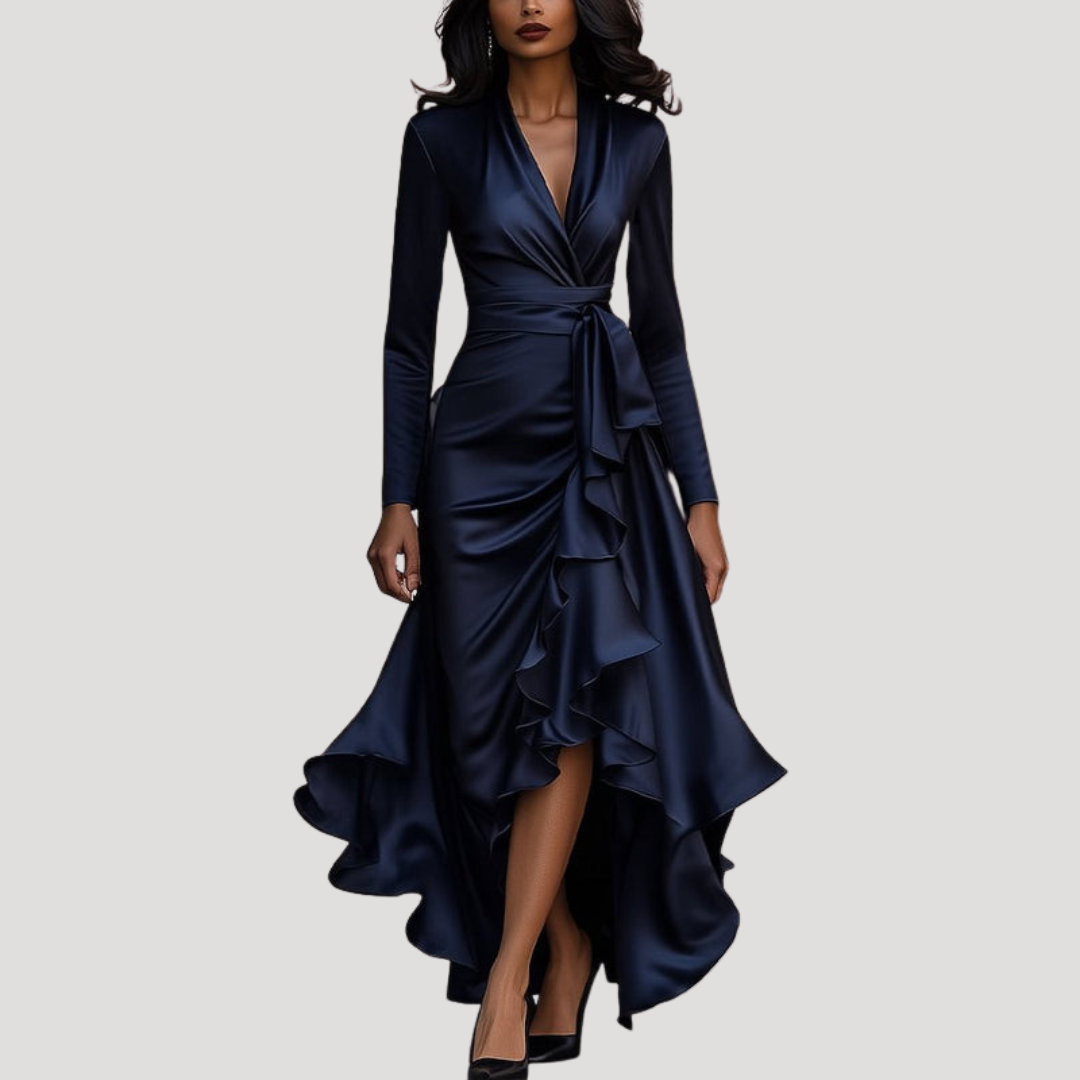 Anneliese | Damen Wickelkleid Langarm Volant Maxikleid