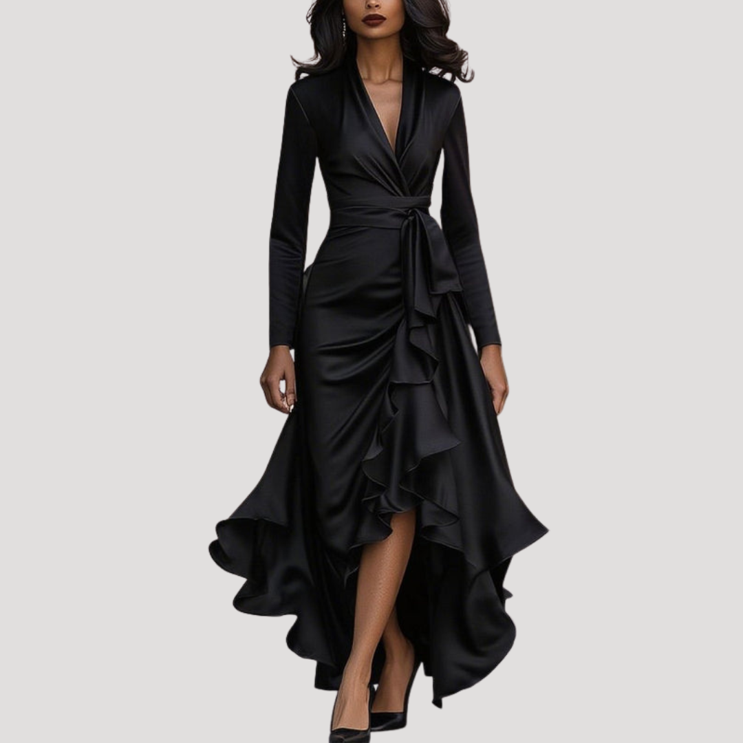 Anneliese | Damen Wickelkleid Langarm Volant Maxikleid