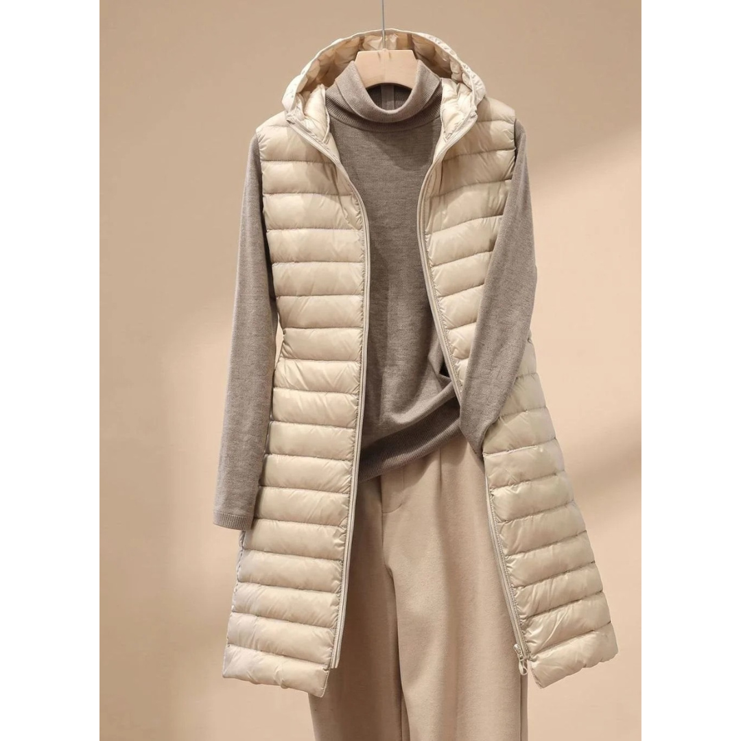 Ariella | Damen Steppjacke mit Kapuze, Reißverschluss und Langem Schnitt