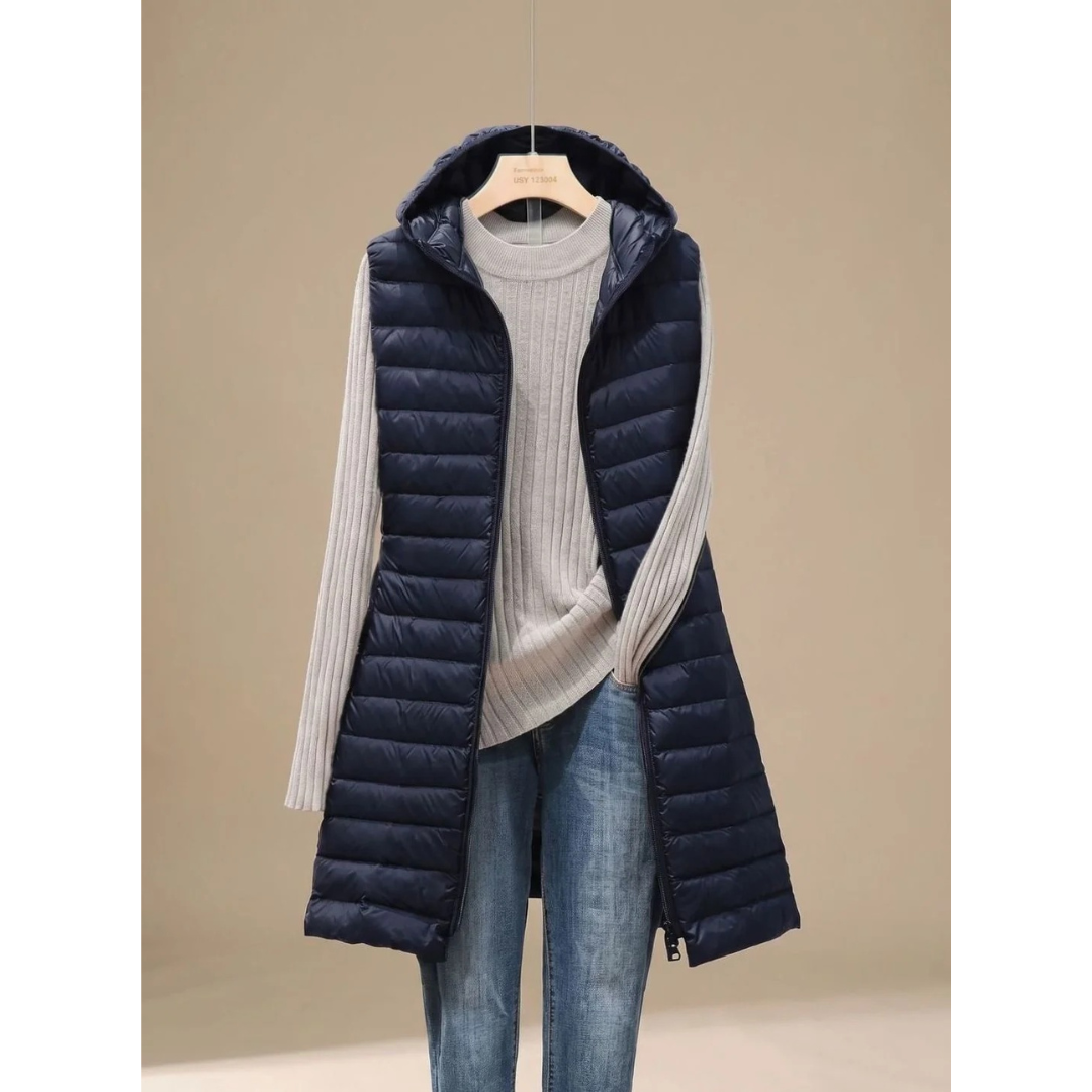 Ariella | Damen Steppjacke mit Kapuze, Reißverschluss und Langem Schnitt