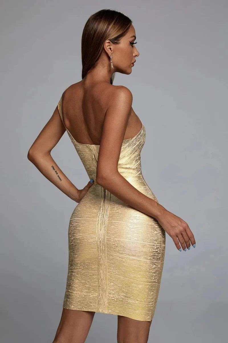 Aurora – Einseitiges Minikleid in Gold mit Glanzeffekt