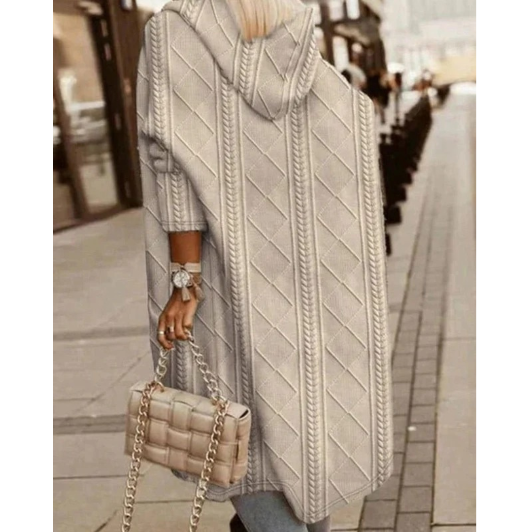 Aylin | Damen Lange Strickjacke mit Kapuze und Strickmuster