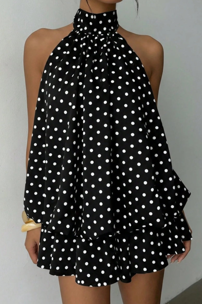 Polka Dot Halfter Minikleid mit rückenfreier Schnürung