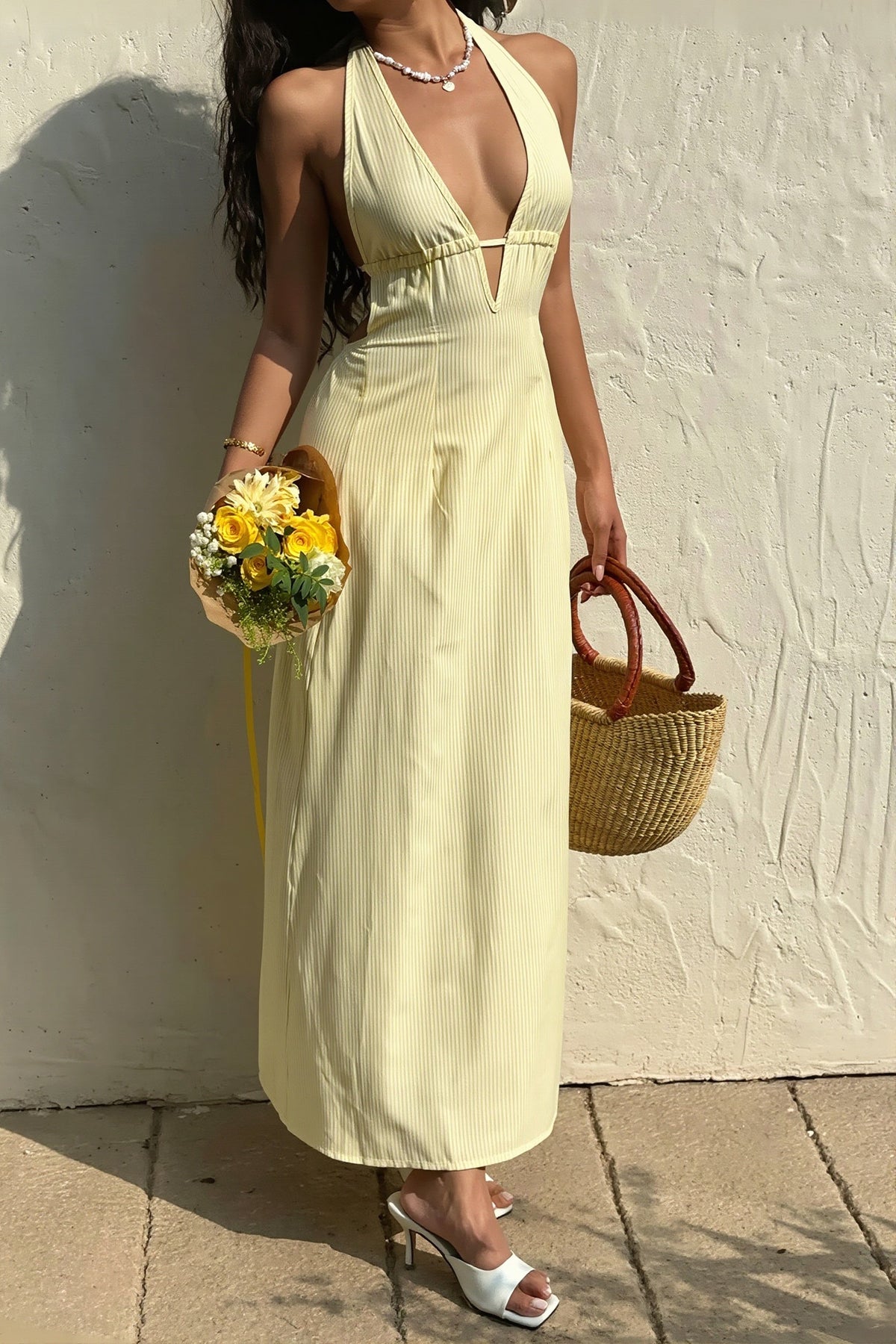 Sexy Streifen Halter Maxikleid rückenfrei mit Schnürung