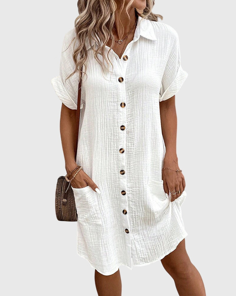 Locker geschnittenes Sommerkleid mit Knopfleiste – Midikleid Kurzarm Polokleid