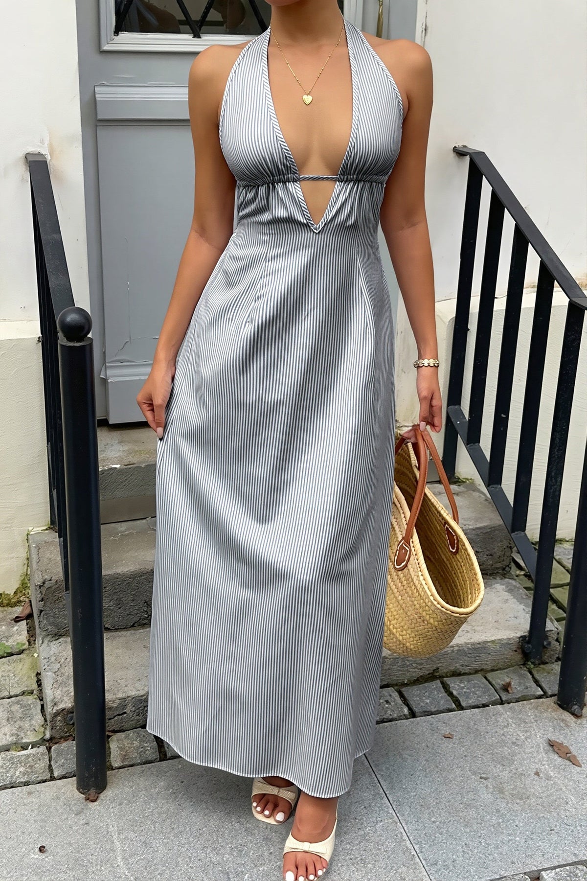 Sexy Streifen Halter Maxikleid rückenfrei mit Schnürung