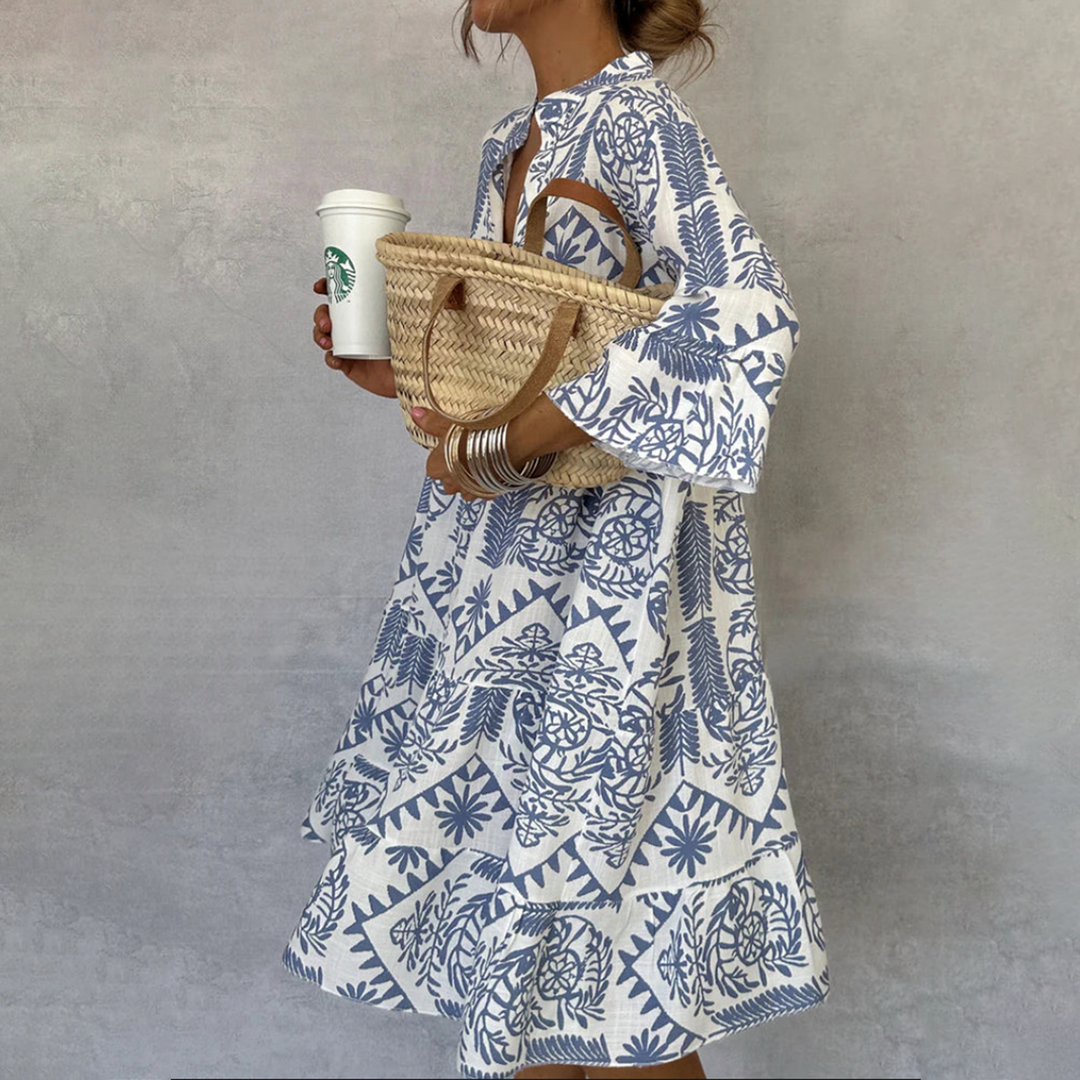 Benedikta | Damen Boho Langarm Mini Kleid mit Muster
