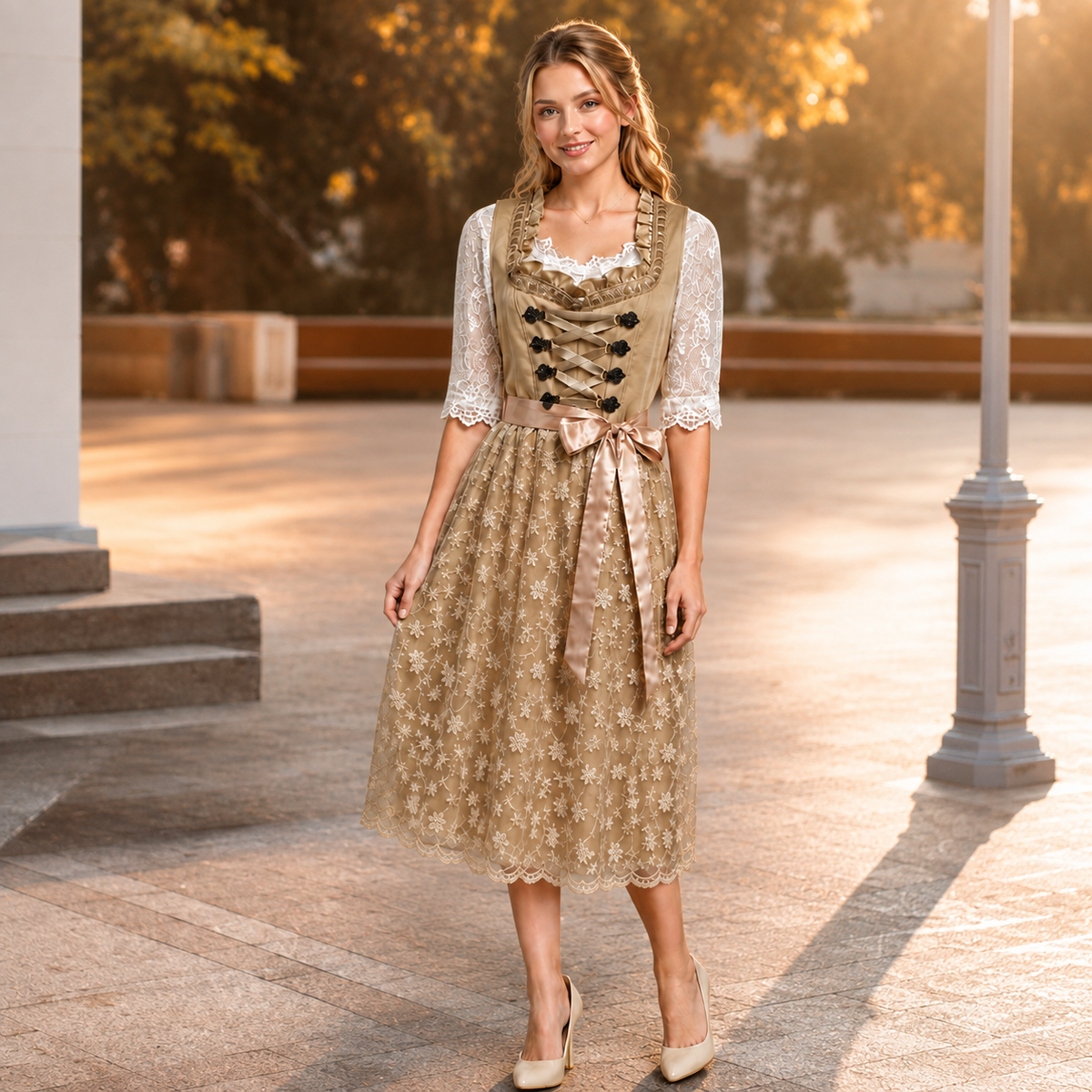 Bernadette | Damen Beige Oktoberfest Dirndl Mit Spitzen Details Und Schleifenband