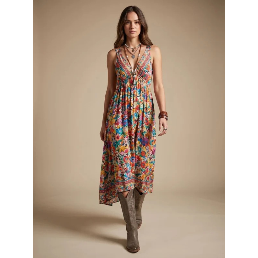 Brielle | Damen Boho Maxikleid mit V Ausschnitt und Vintage Blumenmuster