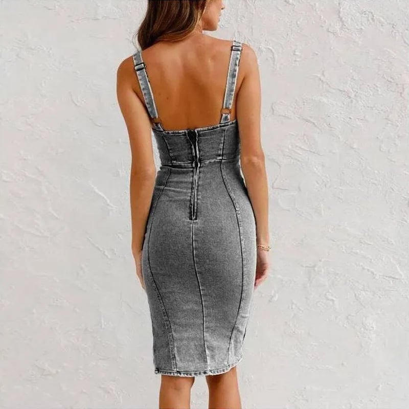 Maßgeschneidertes Denim-Kleid mit verstellbarem Gürtel und U-Ausschnitt