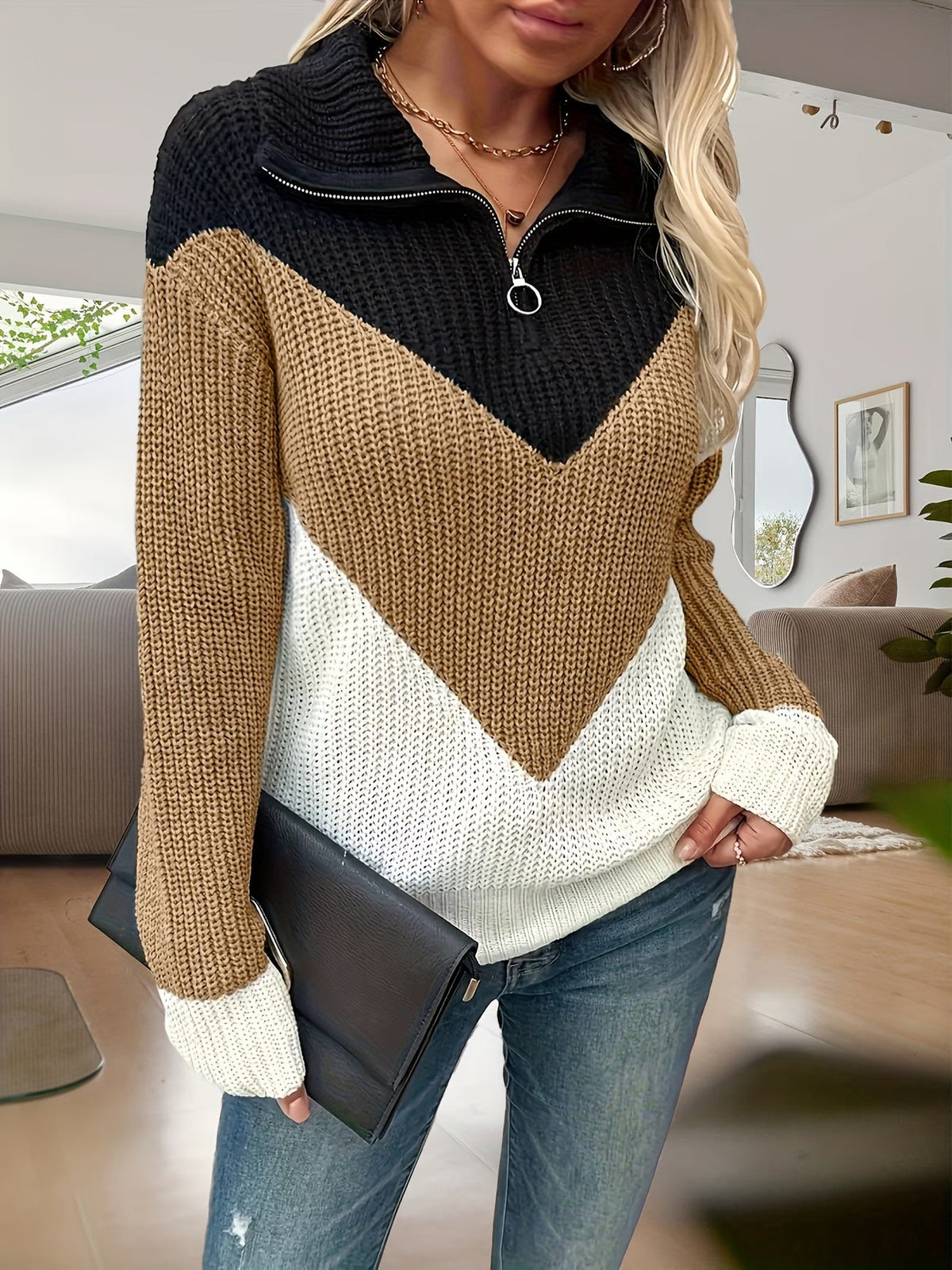 Fagina – Eleganter Strickpullover Mit Halbem Reißverschluss