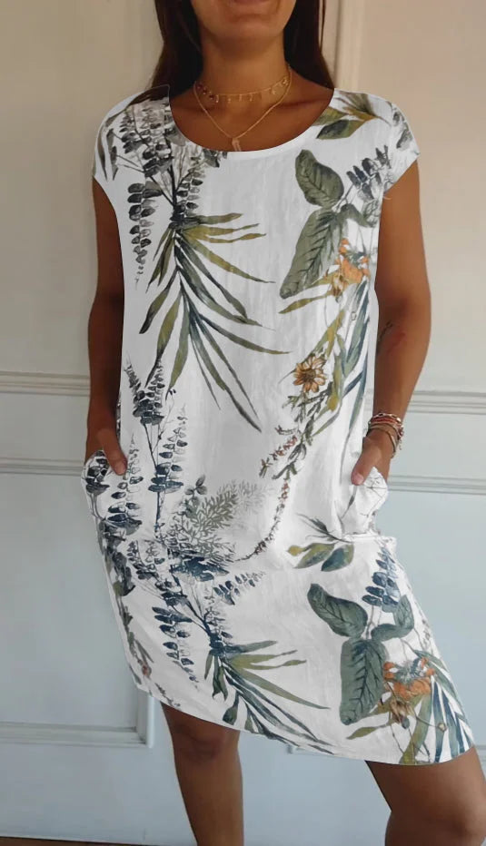 Damen Baumwolle Leinen Bedrucktes Sommerkleid mit Taschen